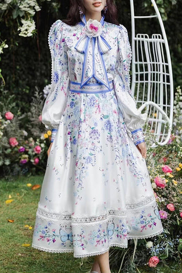 Woochic robe longue imprimée florale et à lacets des manches longues,style cour Multicolor S